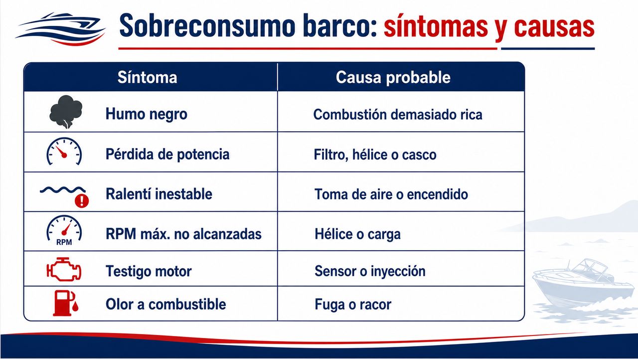 Infografía de síntomas asociados al sobreconsumo de un motor de barco y causas probables